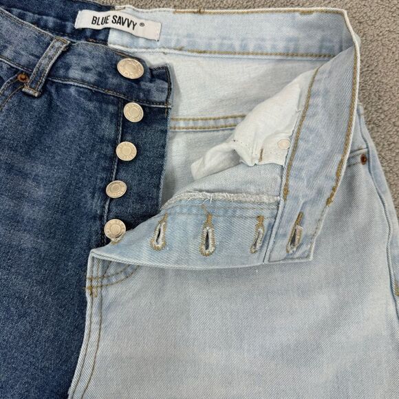 Blue Savvy Two Tone High Rise Mom Jeans Blue Juniors 5 27 Straight Leg Button - Picture 6 of 13